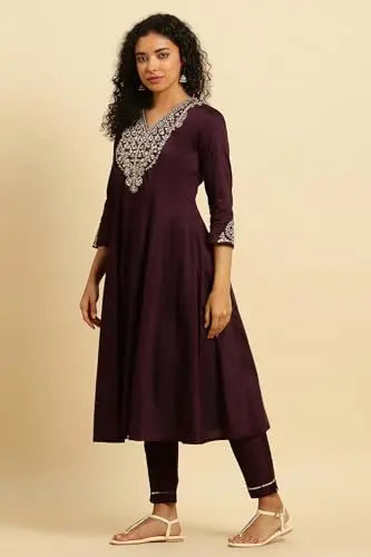 W for Woman Purple Panelled Embroidered Kurta, Slim Pants and Dupatta Set (Size: XL)-WS10451-221088 SaumyasStore