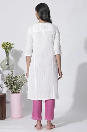 W for Woman White Swiss Dot Pure Cotton Embroidered Straight Kurta with Schiffli Yoke (Size: XS)-24AUW11435-222057 SaumyasStore
