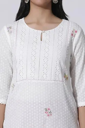 W for Woman White Swiss Dot Pure Cotton Embroidered Straight Kurta with Schiffli Yoke (Size: XS)-24AUW11435-222057 SaumyasStore