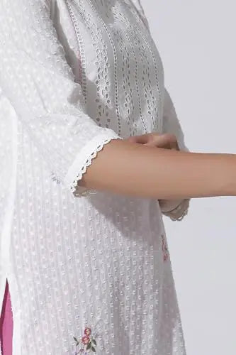 W for Woman White Swiss Dot Pure Cotton Embroidered Straight Kurta with Schiffli Yoke (Size: XS)-24AUW11435-222057 SaumyasStore