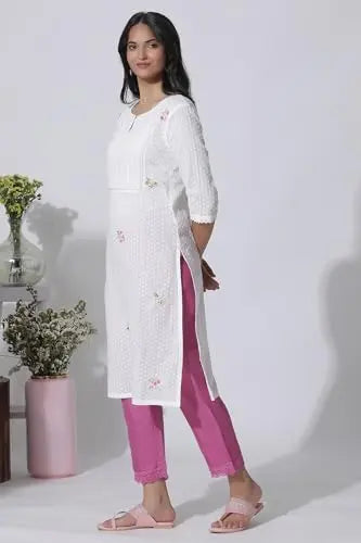 W for Woman White Swiss Dot Pure Cotton Embroidered Straight Kurta with Schiffli Yoke (Size: XS)-24AUW11435-222057 SaumyasStore