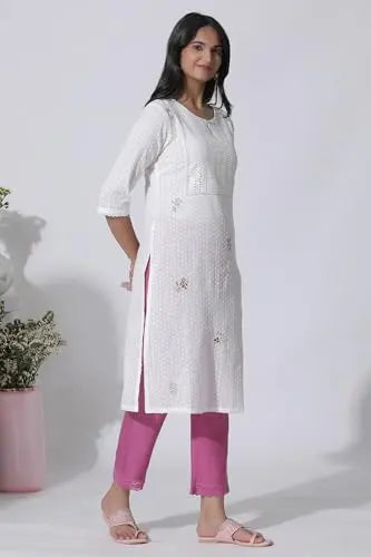 W for Woman White Swiss Dot Pure Cotton Embroidered Straight Kurta with Schiffli Yoke (Size: XS)-24AUW11435-222057 SaumyasStore