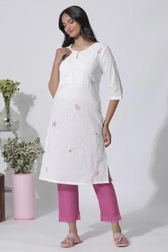 W for Woman White Swiss Dot Pure Cotton Embroidered Straight Kurta with Schiffli Yoke (Size: XS)-24AUW11435-222057 SaumyasStore
