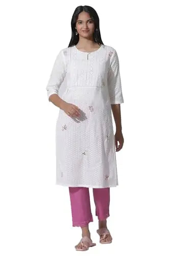 W for Woman White Swiss Dot Pure Cotton Embroidered Straight Kurta with Schiffli Yoke (Size: XS)-24AUW11435-222057 SaumyasStore