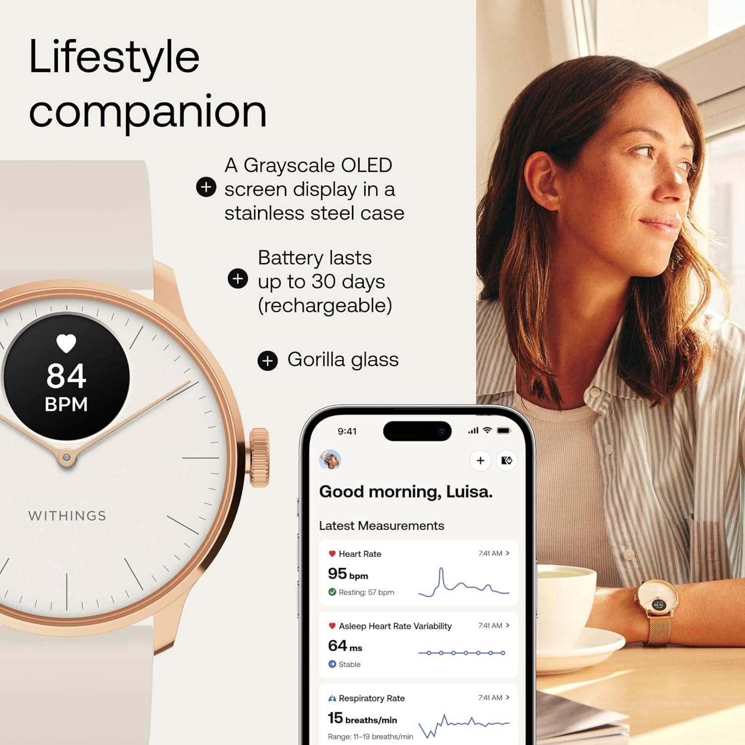 Withings ScanWatch Light - Hybrid Smartwatch, 24/7 Heart Monitoring, Activity Tracking, Cycle Tracking, Sleep Monitoring, Connected GPS, 30-Day Battery Life, Android & Apple Compatible (Rose Gold) SaumyasStore