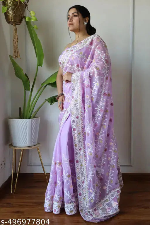 Women's Heavy Net Saree with Embroidered Unstitched Blouse SaumyasStore