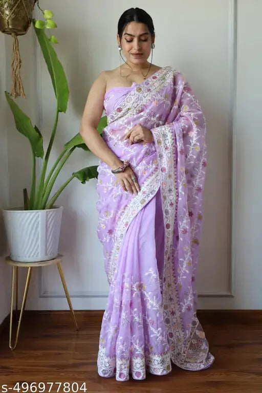 Women's Heavy Net Saree with Embroidered Unstitched Blouse SaumyasStore