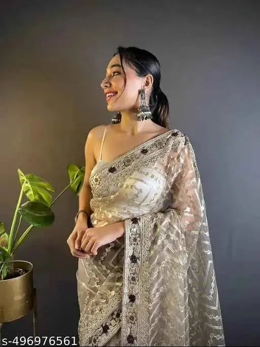 Women's Net Embroidery Work Saree with Embroidered Unstitched Blouse SaumyasStore