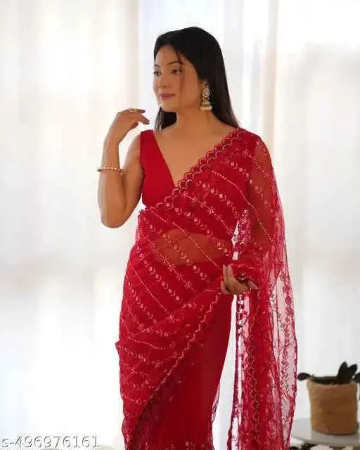 Women's Net Embroidery Work Saree with Embroidered Unstitched Blouse SaumyasStore