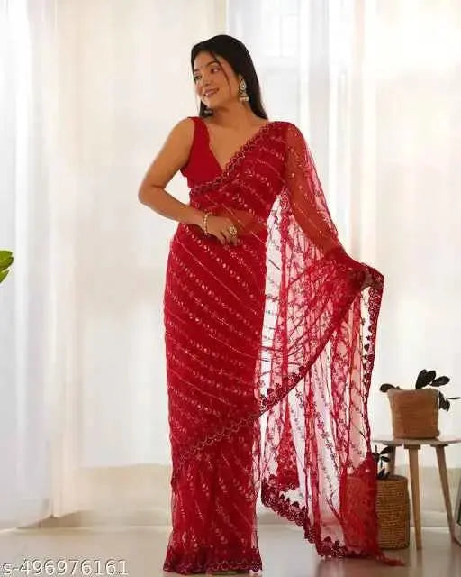 Women's Net Embroidery Work Saree with Embroidered Unstitched Blouse SaumyasStore
