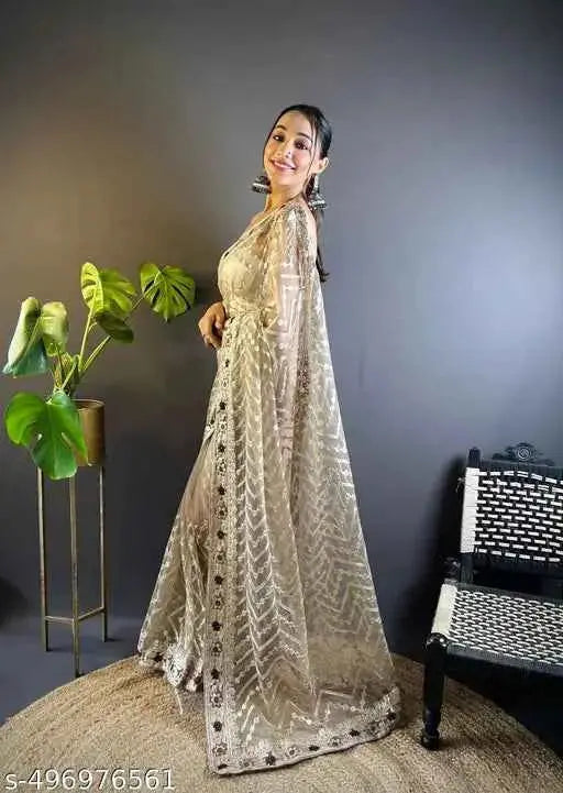 Women's Net Embroidery Work Saree with Embroidered Unstitched Blouse SaumyasStore