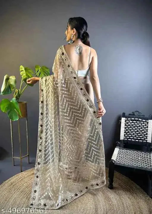 Women's Net Embroidery Work Saree with Embroidered Unstitched Blouse SaumyasStore