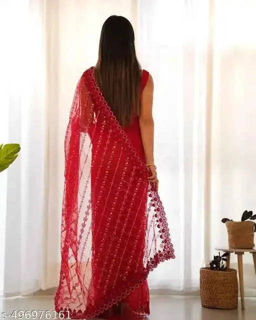 Women's Net Embroidery Work Saree with Embroidered Unstitched Blouse SaumyasStore