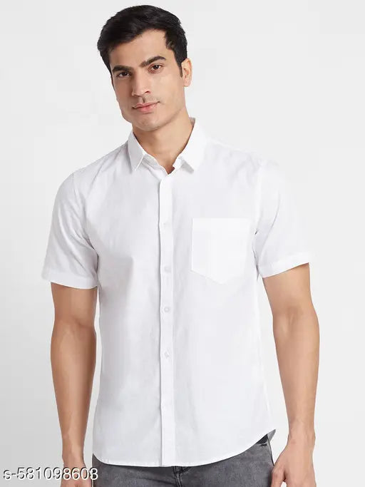 Globus Men White Solid Cotton Regular Fit Casual Shirt