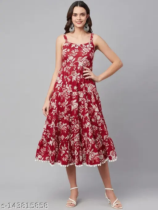 Divena Red Floral Printed Shoulder Strap Long dress
