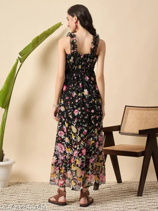 Floral Print Maxi Dress, Smocked Bodice, Ruffle Straps, Black with Multi-Colour Flowers