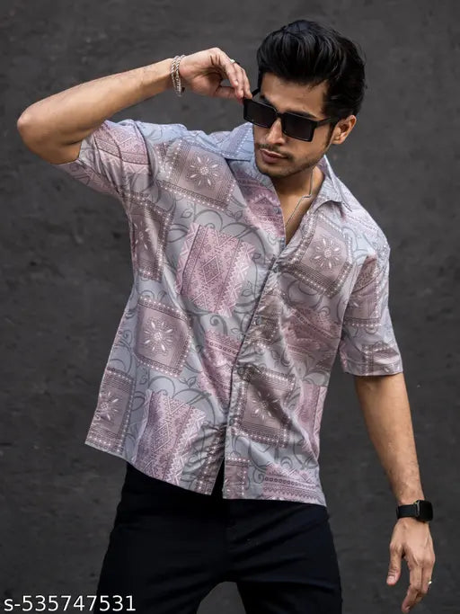 Mens All Over Printed Collar Neck Half Sleeve Pink Cotton Oversized Shirt