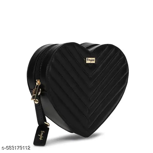 Berrylush Women Solid Black Quilted Pattern PU Detachable Sling Strap Heart Structured Regular Sling Bag