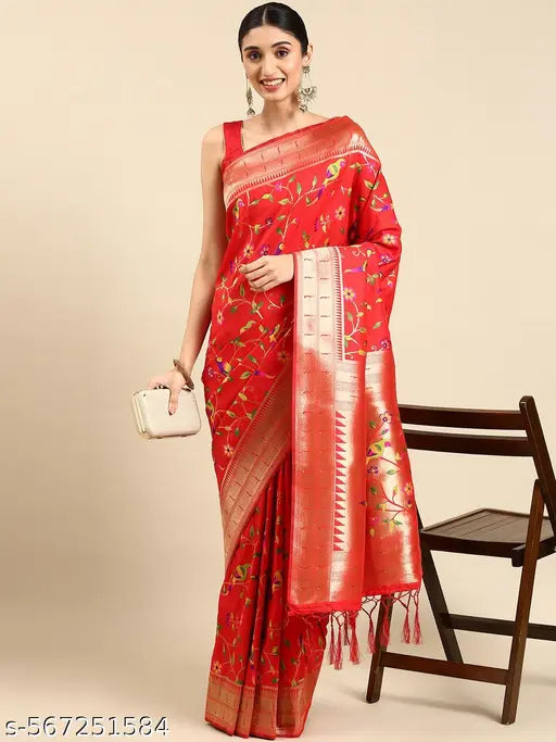 Women's Kanjeevaram Paithani Silk Saree With Unstitched Blouse Piece