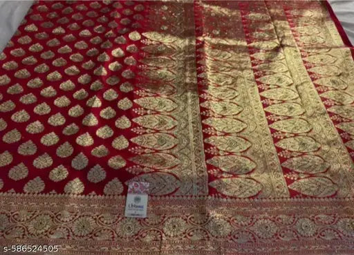 Banarasi Satin Silk Red Stone Work Saree Premium Party Wedding Festival Wear