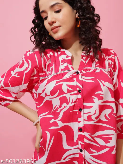 Honky Tonky Bold Pink & White Printed Top in Crepe Fabric with Cuffed Sleeves for Women