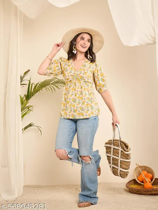 WineRed Cotton Floral Empire Waist Top