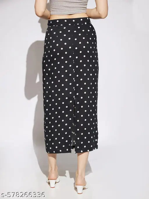 Globus Women Black Polka Dot Print Midi Rise Back Slit Pencil Midi Skirt