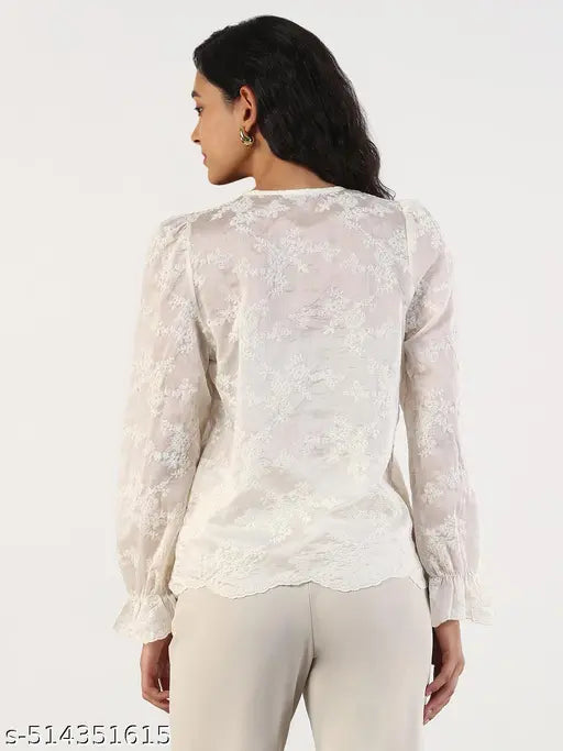 SHOWOFF Women's Solid Round Neck Cream Top