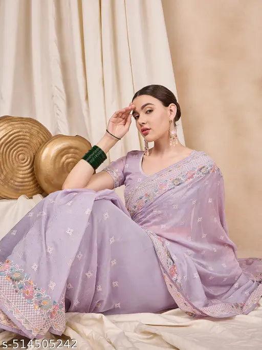 Kavindi Women's Silk Organza Fabric With Multi Thread Embroidery Border Saree