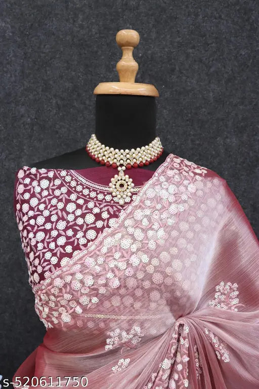 Pure JimiChu Saree Sateen Benglori Silk Blouse And C-Pallu Work With Fancy Thread Work With Sequence Work