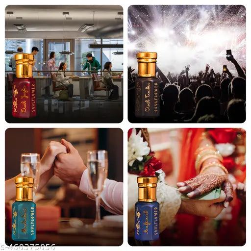 Soulflower Premium Attar Gift Set Alcohol Free luxury Perfume Roll-On for Men & Women, Combination of Fragrance Oudh, Musky, Woody, Floral, Amber, Fresh & Spicy, Set of 4 (5ml Each)