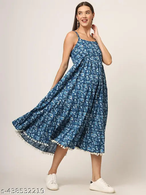 Divena Sky Blue Printed Cotton Fabric Fit & Flare Dress