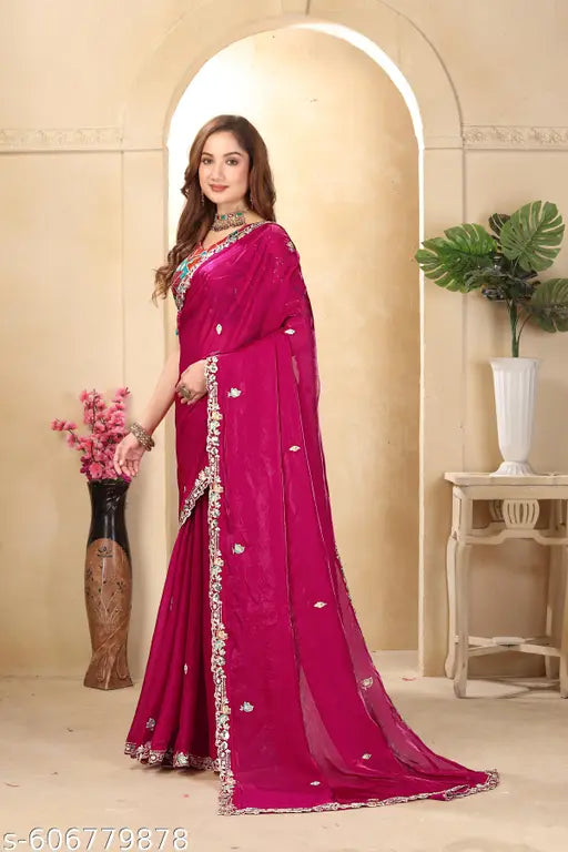 Miss Ethnik Women's Pink Handy Silk Embroidered Saree (ME-1285-Pink)