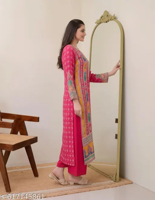 Anni Designer Women's Rayon Viscose Pink Straight Printed Kurta Set | 2-Piece Daily Wear Suit with Palazzo| Stylish Office Wear Ethnic Rayon Dress