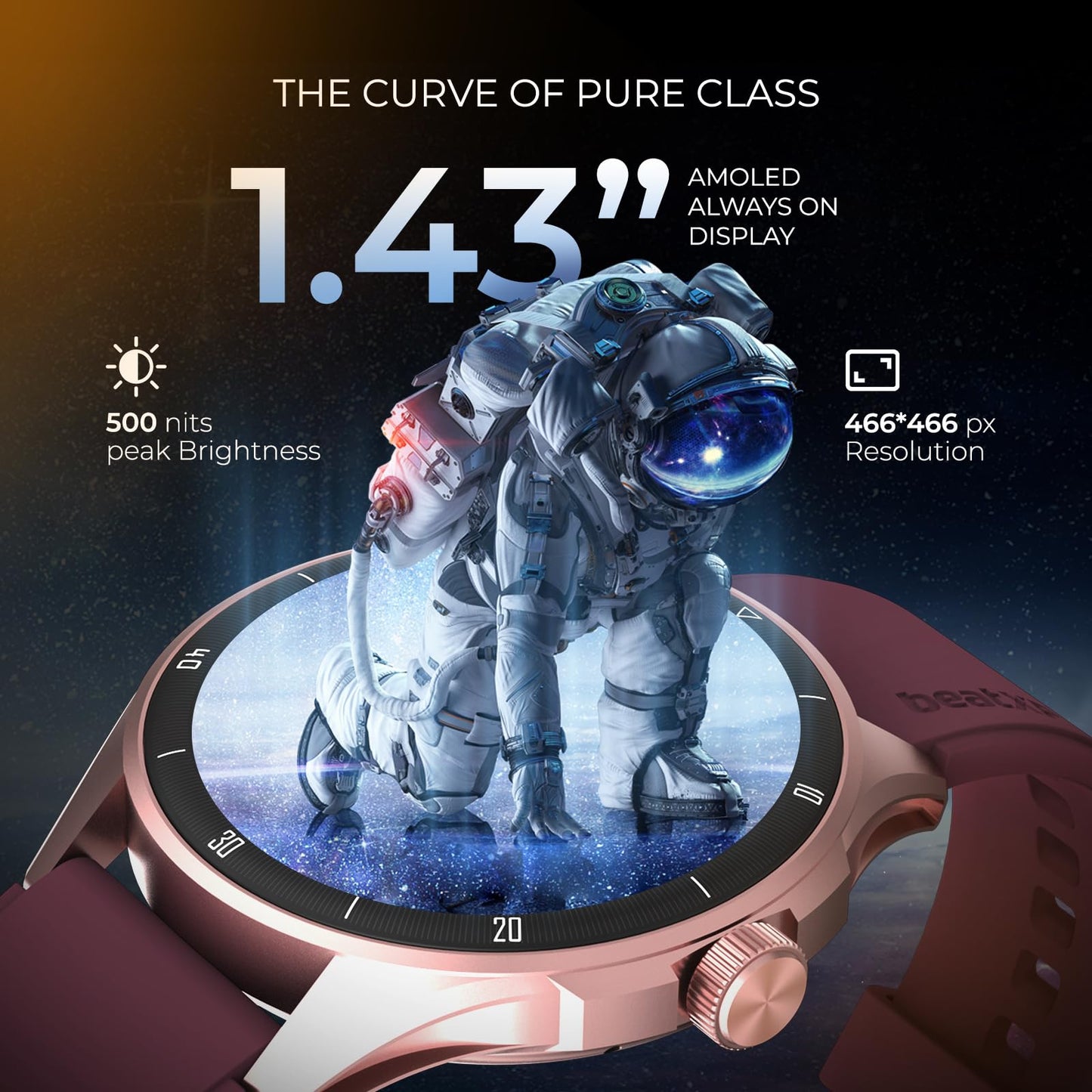 beatXP Vega Neo 1.43" (3.6 cm) Super AMOLED Display, One-Tap Bluetooth Calling Smart Watch, Metal Body, 466 * 466px, 500 Nits Brightness (Gold & Deep Wine) SaumyasStore