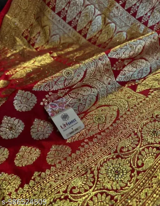 Banarasi Satin Silk Red Stone Work Saree Premium Party Wedding Festival Wear