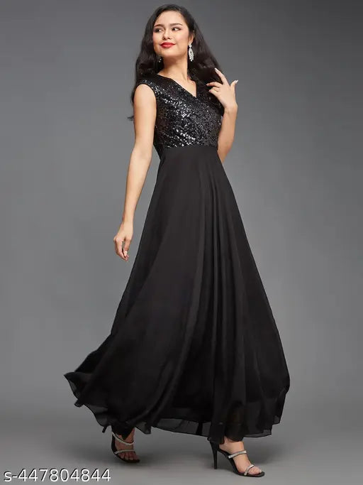 Miss Chase Women's Black V-Neck Cap Sleeved Solid Wrap Maxi Dress