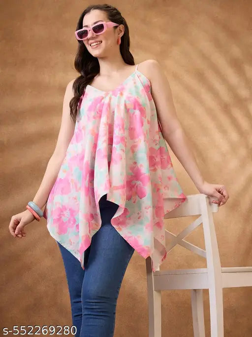 Globus Women Pink V-Neck Strappy Shoulder Floral Print Asymmetric Hem Fusion Tunic