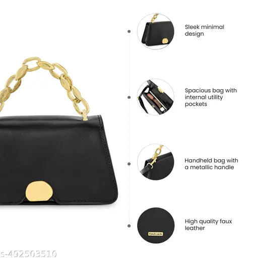 Fastrack Black PU Solid Satchel For Women with Gold Metal Chain and detachable sling strap