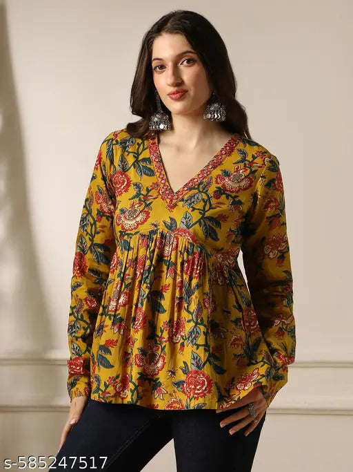 Globus Women Mustard Embroidered & Mirror Work Detail V-Neck Long Sleeves Floral Print A-Line Aliya Cut Tunic