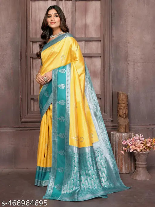 Janasya Women's Yellow Silk Blend Checked Woven Design Jacquard Border Saree with Blouse Piece