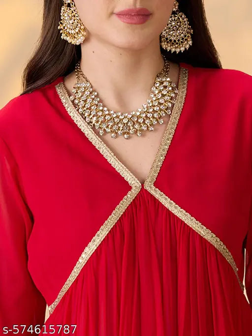 Globus Women Red V-Neck Gathered Gotta Patti Detail Flared A-Line Alia Cut Kurta With Pants Festive Set