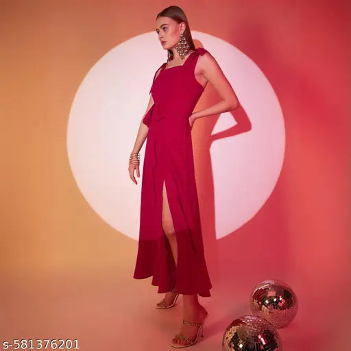 Berrylush Women Solid Red Square Neck Waist Tie-Up Cutout Georgette Thigh-High Slit Flared A-Line Maxi Dress