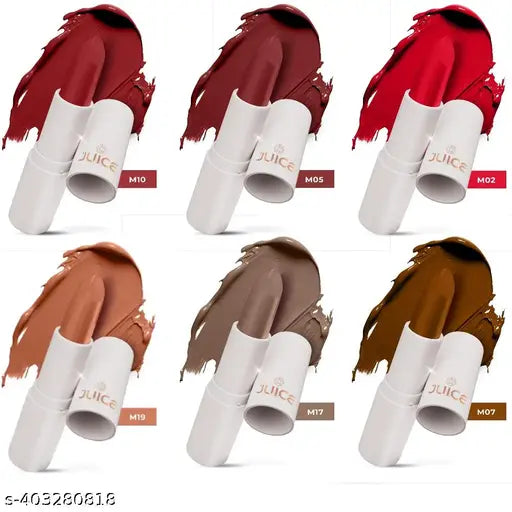 Juice Kiss Sensation Lipstick with Goodness of Bio Retinol, UV Protection & Long lasting Lipstick, Pack of 6 (Red Carpet - M02, Marooned - M05, Merlot - M07, Party Pink - M10, Browned - M17, Balmy Brown - M19)
