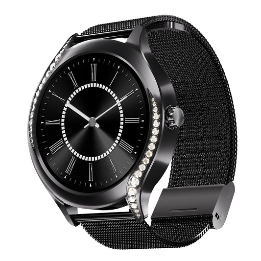 boAt Enigma Gem Women's Luxury Smart Watch w/ 1.19” (3.02cm) AMOLED Display, Emergency SOS Live Location Sharing, Watch Face Studio, QR Tray, BT Calling, 700+ Active Mode, HR & SpO2 (Metallic Black) SaumyasStore