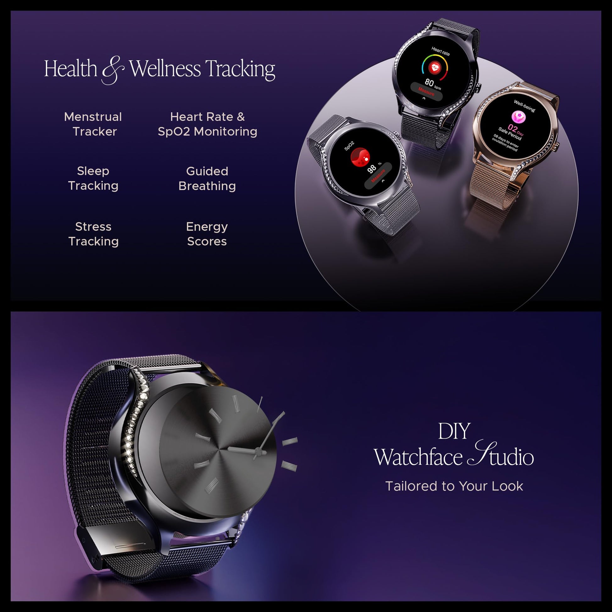 boAt Enigma Gem Women's Luxury Smart Watch w/ 1.19” (3.02cm) AMOLED Display, Emergency SOS Live Location Sharing, Watch Face Studio, QR Tray, BT Calling, 700+ Active Mode, HR & SpO2 (Metallic Black) SaumyasStore