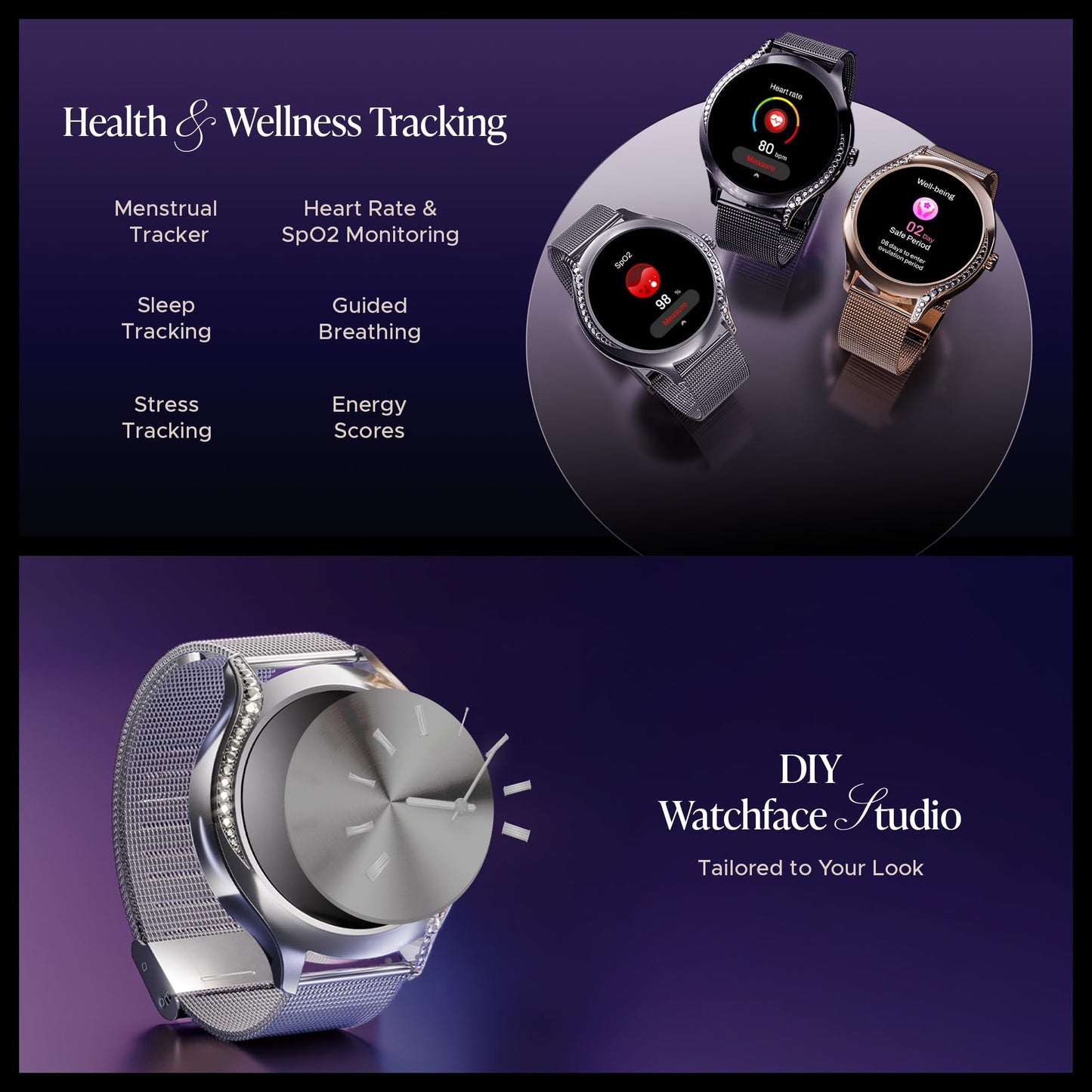 boAt Enigma Gem Women's Luxury Smart Watch w/ 1.19” (3.02cm) AMOLED Display, Emergency SOS Live Location Sharing, Watch Face Studio, QR Tray, BT Calling, 700+ Active Mode, HR & SpO2 (Metallic Silver) SaumyasStore