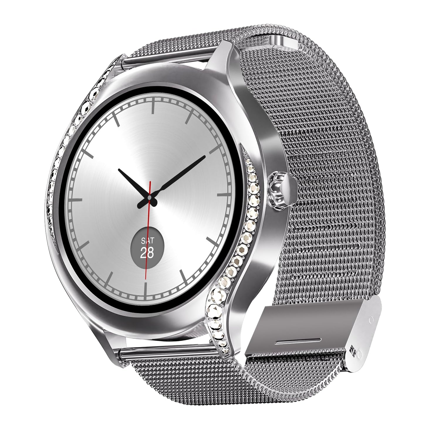 boAt Enigma Gem Women's Luxury Smart Watch w/ 1.19” (3.02cm) AMOLED Display, Emergency SOS Live Location Sharing, Watch Face Studio, QR Tray, BT Calling, 700+ Active Mode, HR & SpO2 (Metallic Silver) SaumyasStore