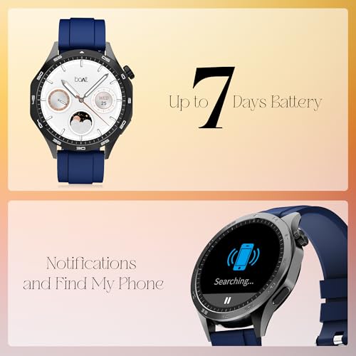 boAt Enigma Radiant Men's Luxury Watch w/Functional Crown,Bluetooth Calling, Upto 6 Days Battery, Sports Modes, Guided Breathing, 1.43"(3.63 cm) AMOLED Display Fitness Smart Watch (Deep Blue) SaumyasStore