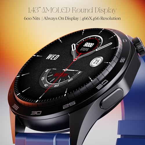boAt Enigma Radiant Men's Luxury Watch w/Functional Crown,Bluetooth Calling, Upto 6 Days Battery, Sports Modes, Guided Breathing, 1.43"(3.63 cm) AMOLED Display Fitness Smart Watch (Deep Blue) SaumyasStore